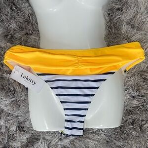 Lukitty Women Yellow and Striped Bikini Bottom.